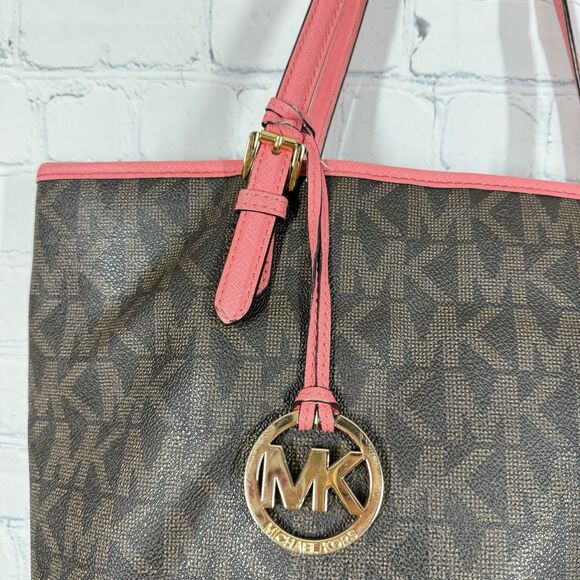 Michael Kors Tore Shoulder Bag Women Monogram MK logo Brown Pink Medium Jet Set - Picture 8 of 16